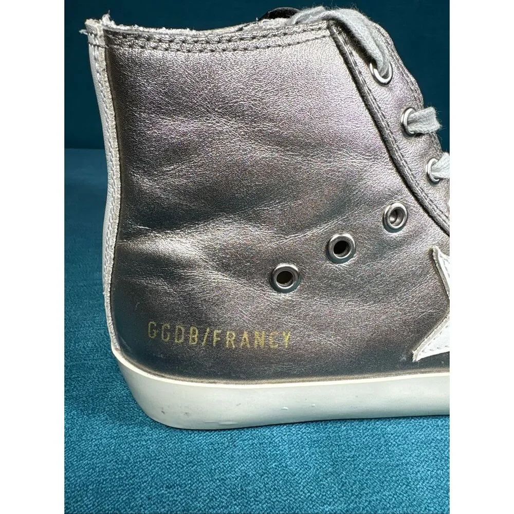 Golden Goose Francy Metallic Silver High Top Sneakers Womens Size 38 EU 8 US